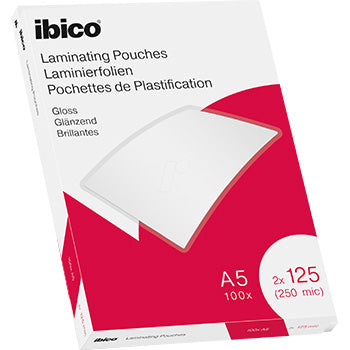 Conjunto de 100 bolsas de plastificação A5 154x216mm 125mic Ibico para proteger documentos e certificados.