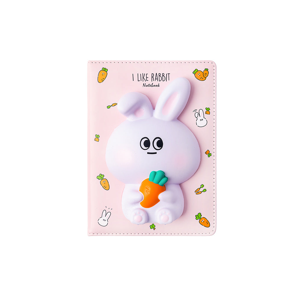 Bloco de notas squishy I Like Rabbit da IiGen, caderno com capa macia e 128 folhas, tamanho 194x165mm, tema coelho.