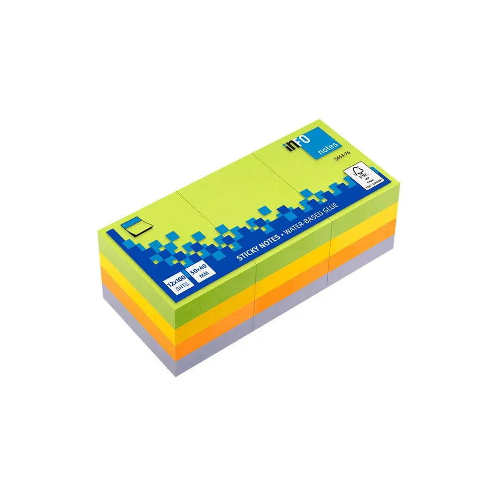 Notas aderentes Infonotes de 4 cores, 100 folhas cada, tamanho 50x40mm, em pacote com 12 unidades, ideal para anotações.