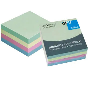Notas aderentes pastel Infonotes, bloco de 7,5x7,5 cm com 400 folhas, ideal para anotações rápidas e organizadas.