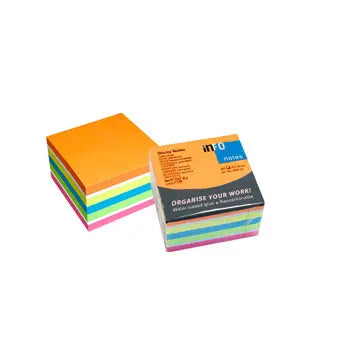 Bloco de notas adesivas Infonotes, cubo com 6 cores, 7,5x7,5cm, 450 folhas para anotações rápidas e organizadas.
