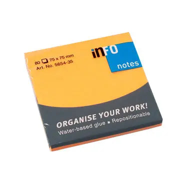 Bloco de notas adesivo laranja Infonotes, 7,5x7,5 cm, com 80 folhas, para anotações rápidas e lembretes.