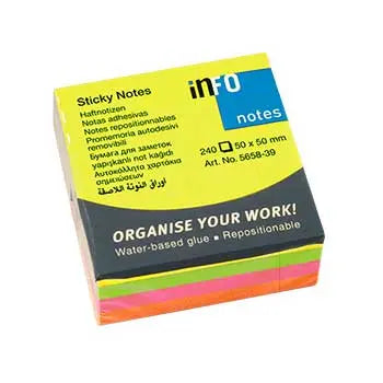 Bloco de notas adesivas neón cubo 5x5 com 240 folhas, marca Infonotes, em cores vibrantes e design compacto.