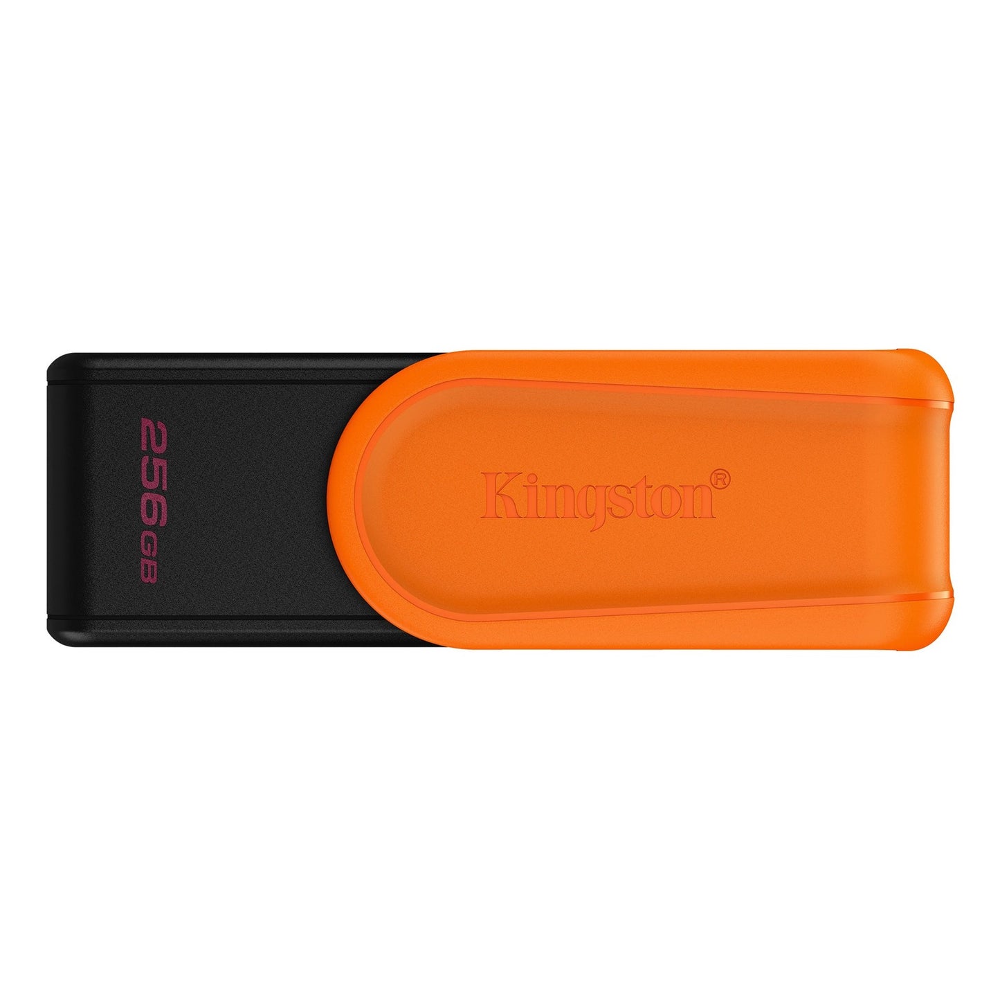 Pendrive Kingston DataTraveler Exodia USB 3.2 de 256GB na cor preta e laranja, visto de lado com conexão USB.