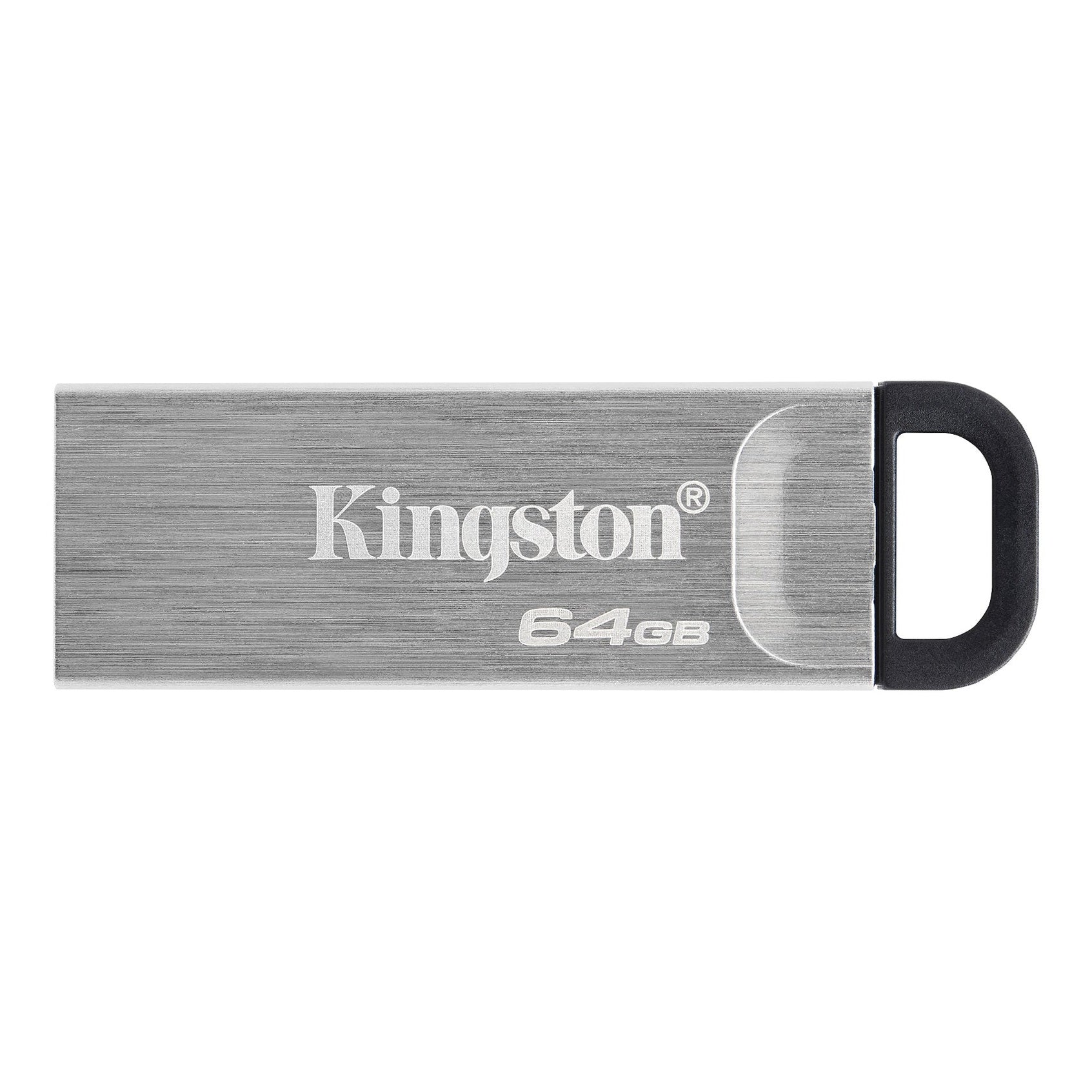 Pendrive Kingston DataTraveler 64GB USB 3.2, compacto e confiável, com design preto e logo da marca visível.