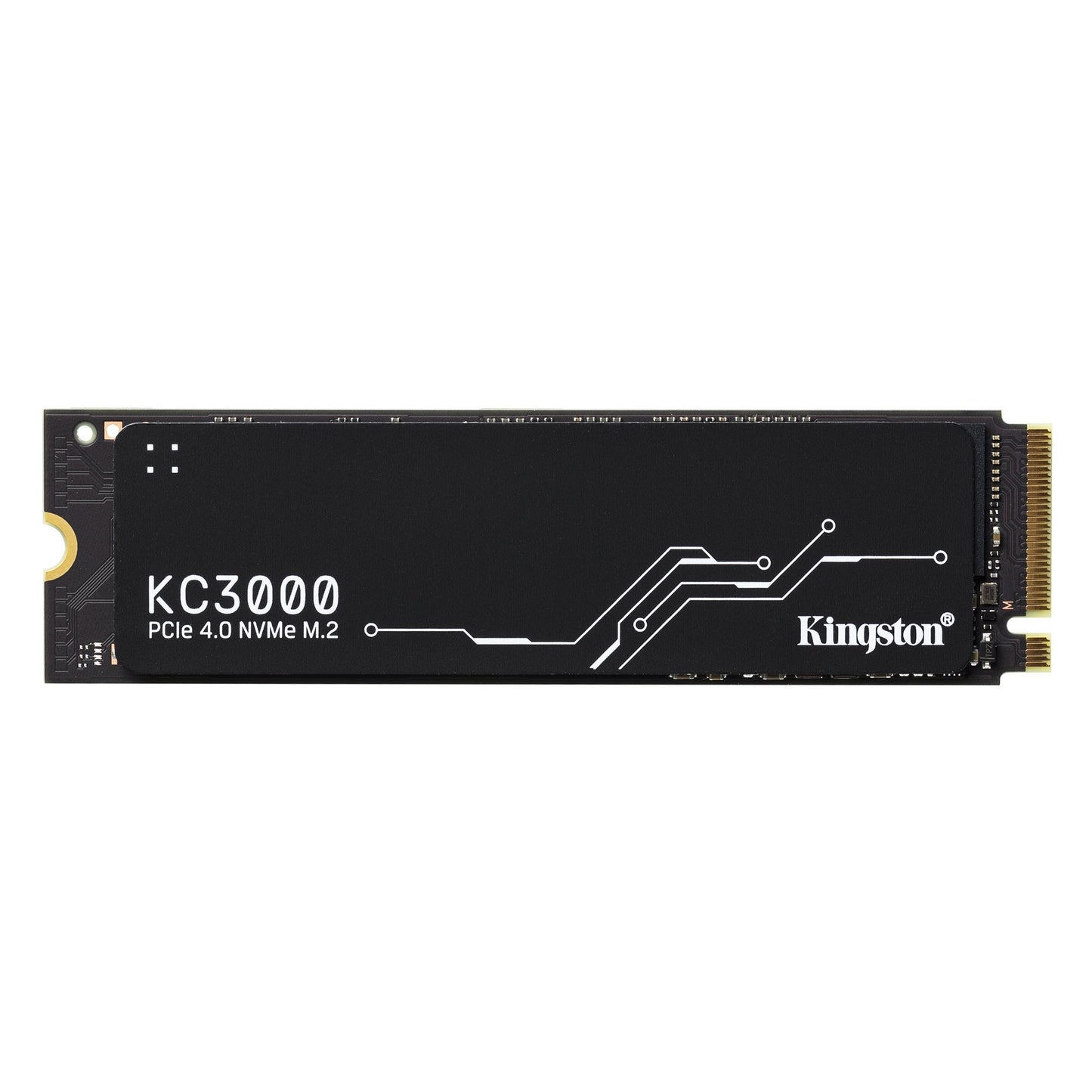 SSD Kingston KC3000 512GB PCIe 4.0 NVMe M.2 interno, alta performance, mostrado em close-up com rótulo visível.