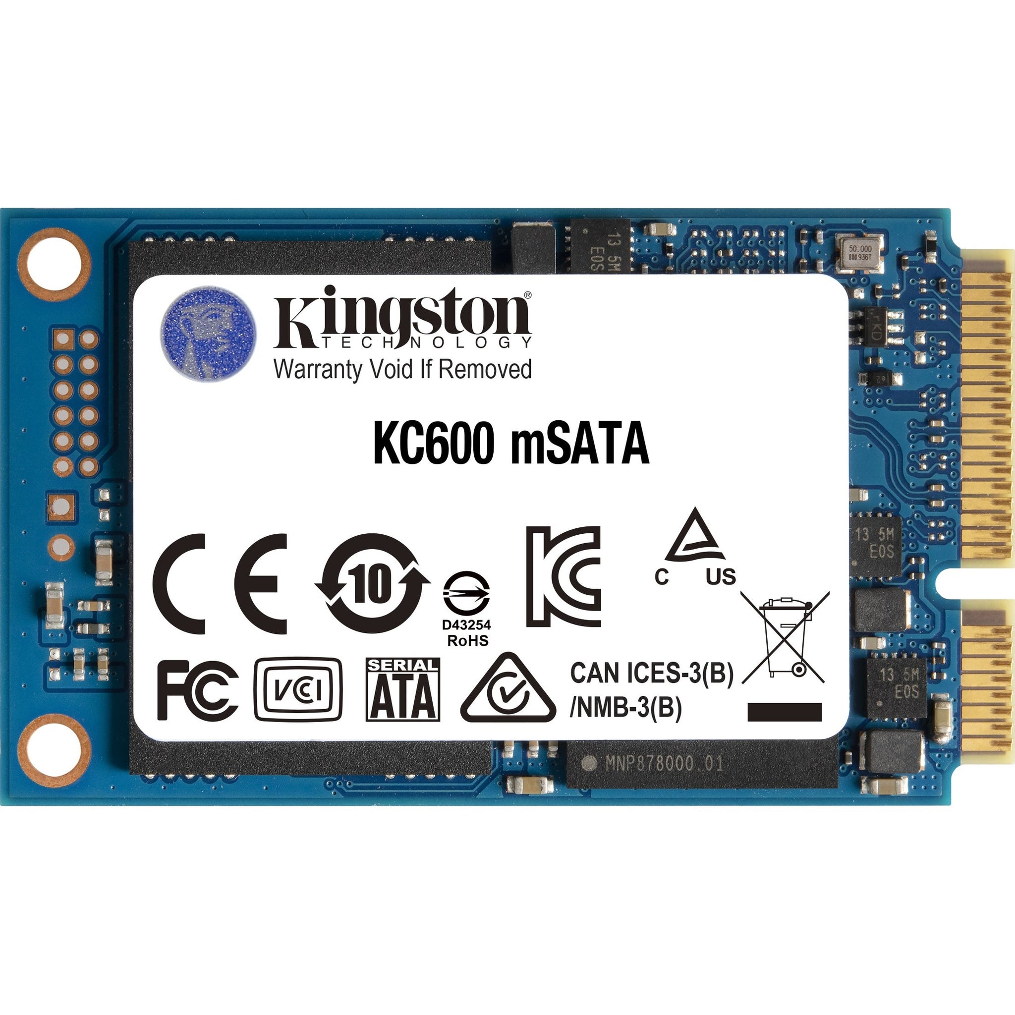 SSD Kingston KC600 1024GB mSATA SATA3 de alta performance, vista lateral mostrando a etiqueta e conectores do dispositivo interno.