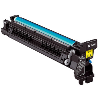 Tambor amarelo original Konica Minolta A0DE07H para impressoras, compatível para 90.000 páginas, em embalagem de papelão.