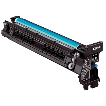 Tambor Konica Minolta preto original A0DE03H para impressoras, com capacidade para 120.000 páginas, exibido em embalagem.