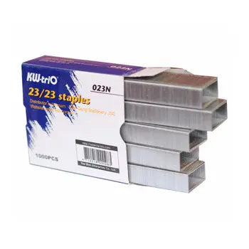 Agrafos Kwtrio 23/23 para grampeador CX, pacote com 1000 unidades, tampo metálico e tamanho padrão para fixação.