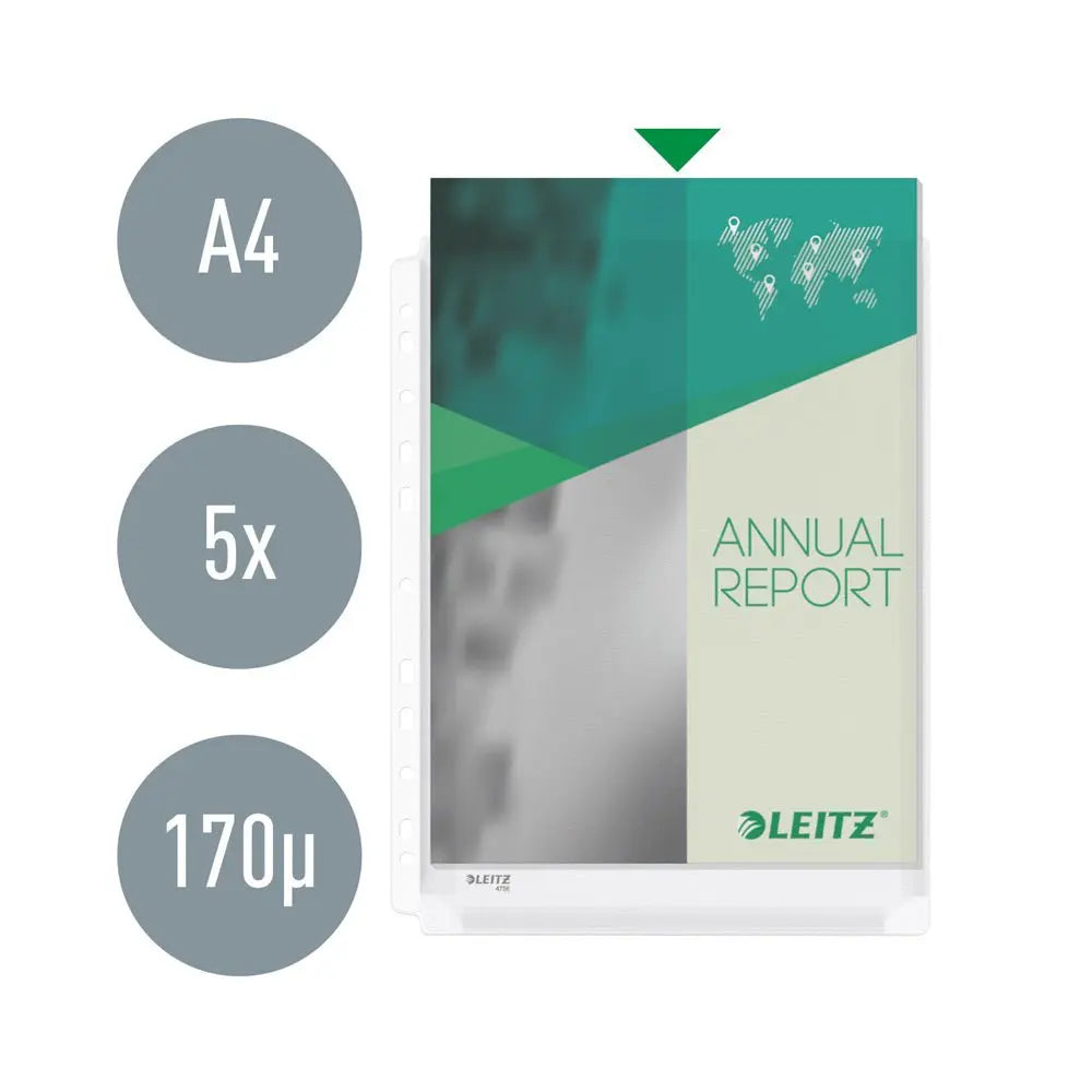 Conjunto de 5 bolsas A4 de alta capacidade Leitz, em plástico 170mic, para armazenamento e organização de documentos.