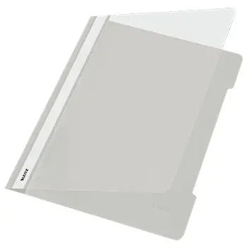Classificadores Leitz capa transparente cinza, pacote com 25 unidades, para organização de documentos.