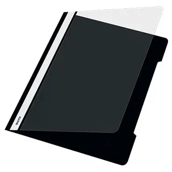 Classificador Leitz preto com capa transparente, pacote com 25 unidades, ideal para organização e proteção de documentos.