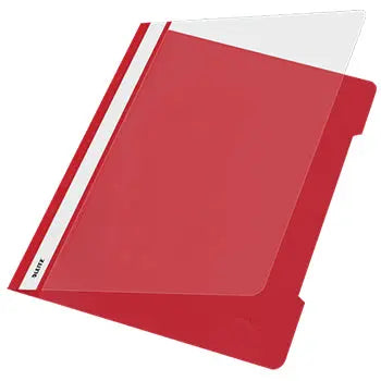 Classificador Leitz 4191 com capa transparente vermelha, pacote com 25 unidades, para organização de documentos.
