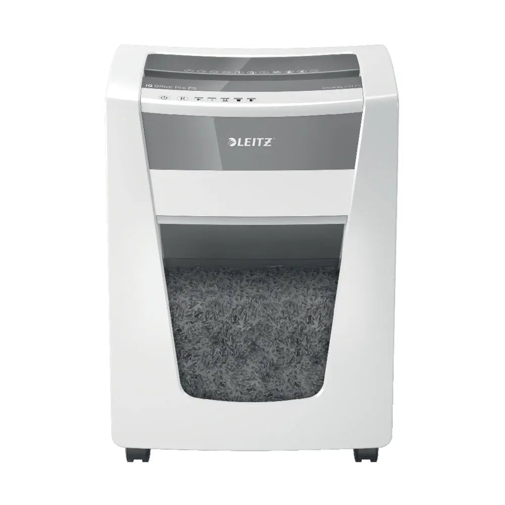 Destruidora de papel Leitz IQ Office Pro P5 cortando partículas de papel, compacta e segura, com corte de 2x15mm.