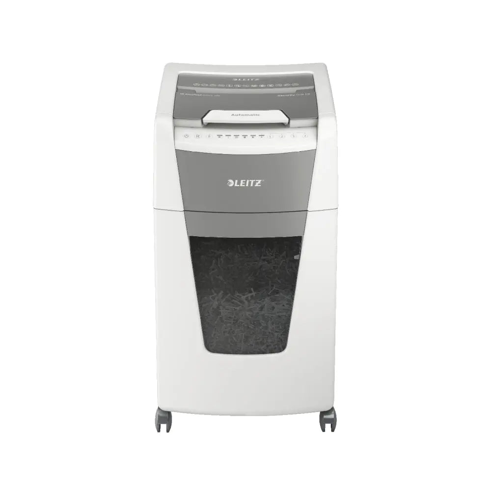 Destruidora de partículas Leitz IQ Auto 300P5 cortando partículas com lâminas de 2x15mm, alta capacidade de destruição.