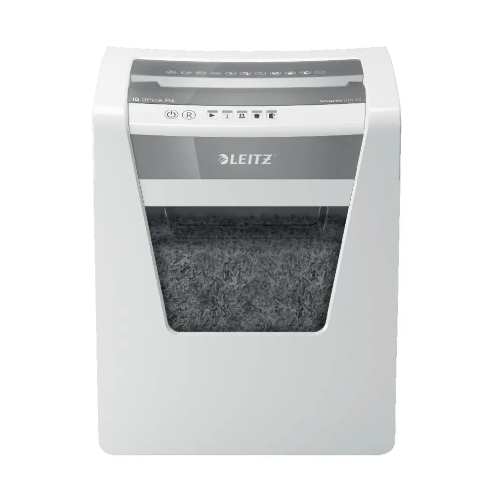 Corte partículas Leitz IQ Office P4, destruidora de partículas com lâminas de 4x40mm, alta performance, vista frontal.