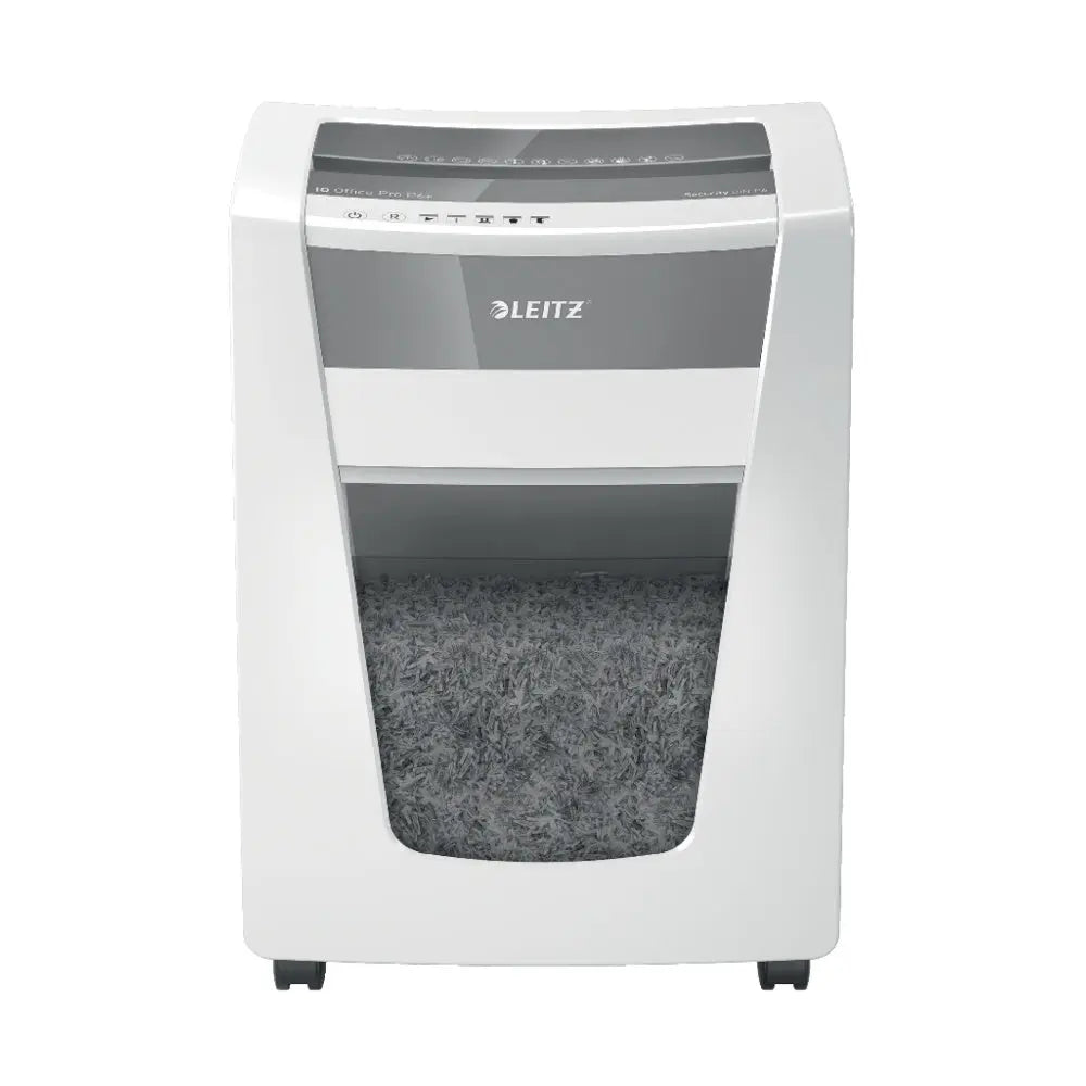 Destruidora de partículas Leitz IQ Office Pro P6+ cortando partículas de papel, capacidade para 15 folhas, modelo compacto e eficiente
