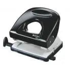 Furador Leitz preto para 25 folhas com régua de 2,5mm, usado para fazer furos precisos em papel.