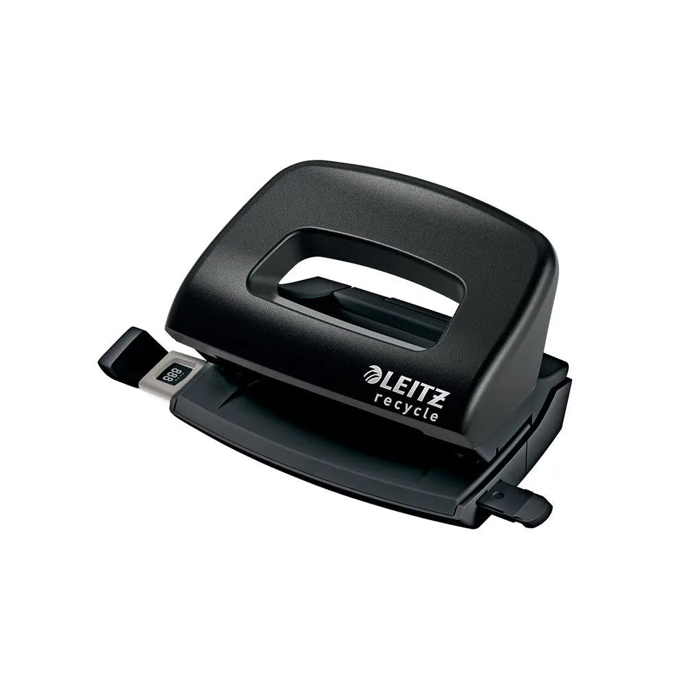 Furador Leitz Recycle preto para 10 folhas, ferramenta de escritórios sustentável e resistente.