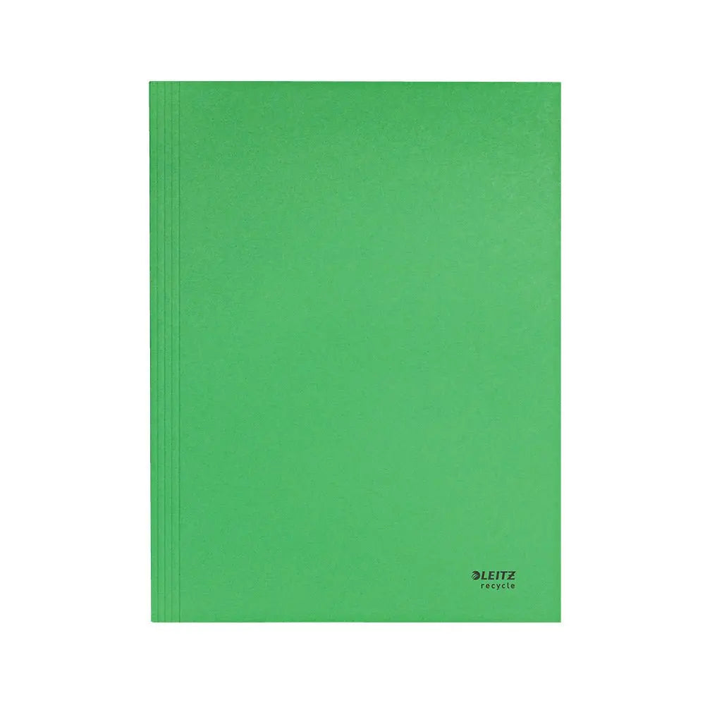 Pasta cartão reciclado A4 com 3 abas verdes da Leitz, ideal para organização sustentável de documentos.