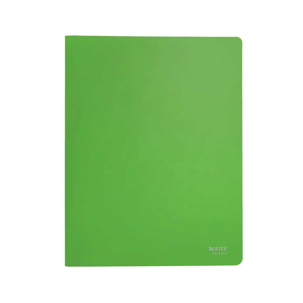 Pastas verdes Leitz com 20 bolsas e 40 páginas A4 para catálogo reciclado, organização e armazenamento de documentos.