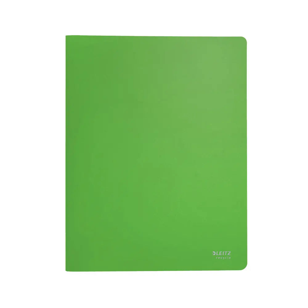 Pastas Leitz verdes com 40 bolsas e 80 páginas, catálogo reciclável A4, armazenamento organizado e sustentável.