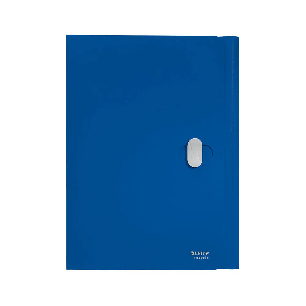Pasta plástica azul A4 com fecho e 3 abas da marca Leitz, ideal para organização de documentos reciclados.
