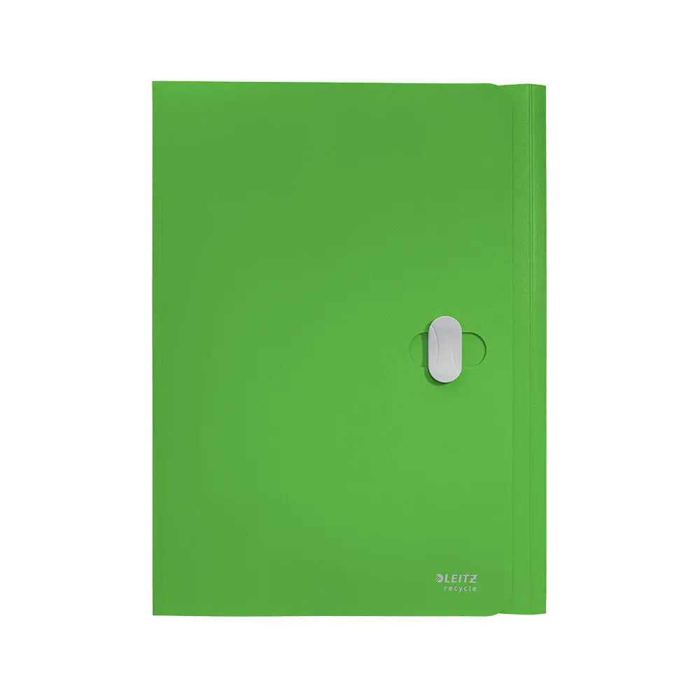 Pasta plástica reciclada A4 com fecho e três abas verdes, marca Leitz, ideal para organizar documentos.