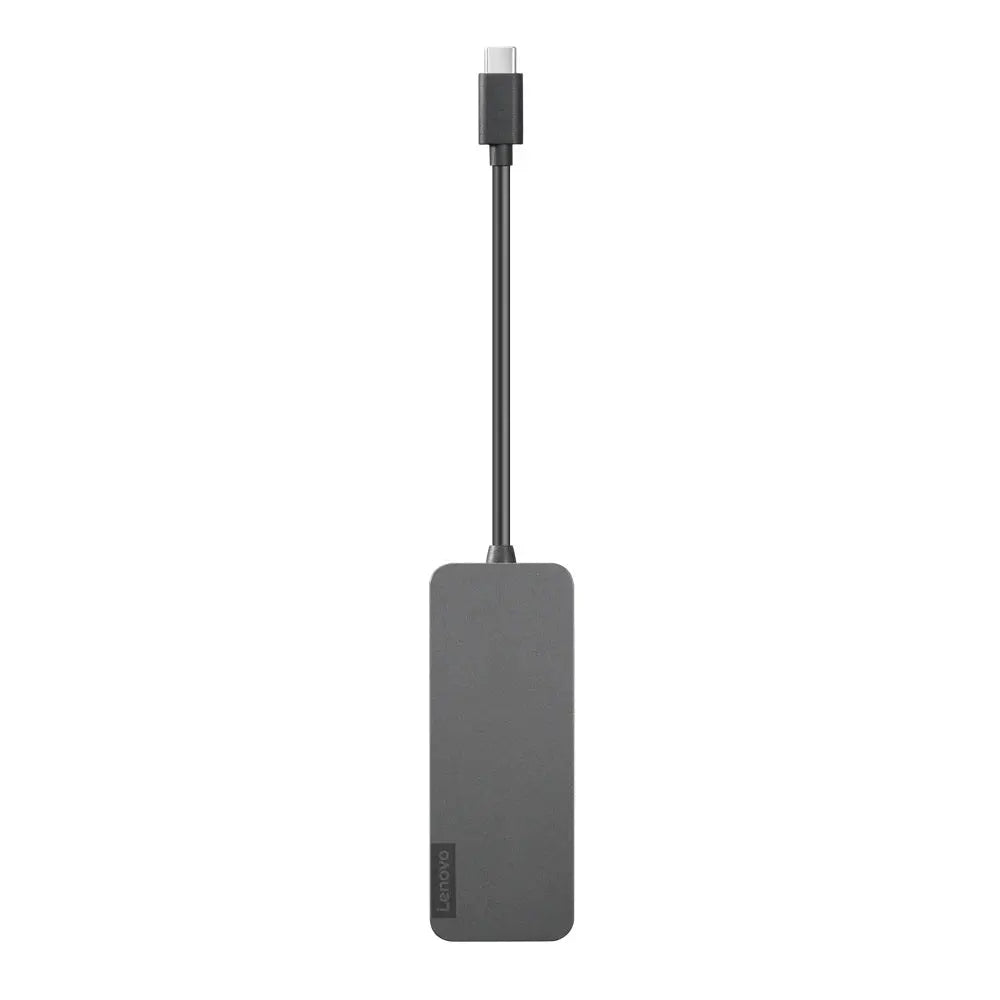 Hub USB-C Lenovo com 4 portas USB-A para conexões rápidas, mostrado conectado a um laptop.