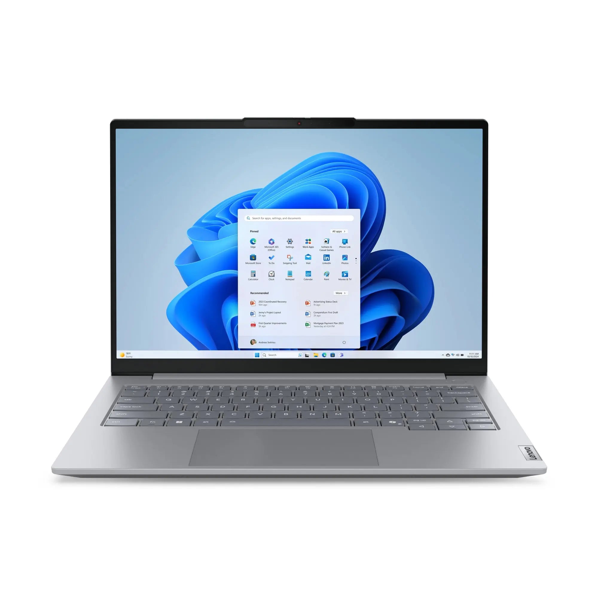 Laptop Lenovo ThinkBook 14 G8 com Intel Core i7, 32GB RAM, 1TB SSD e Windows 11 Pro, aberto mostrando teclado e tela.