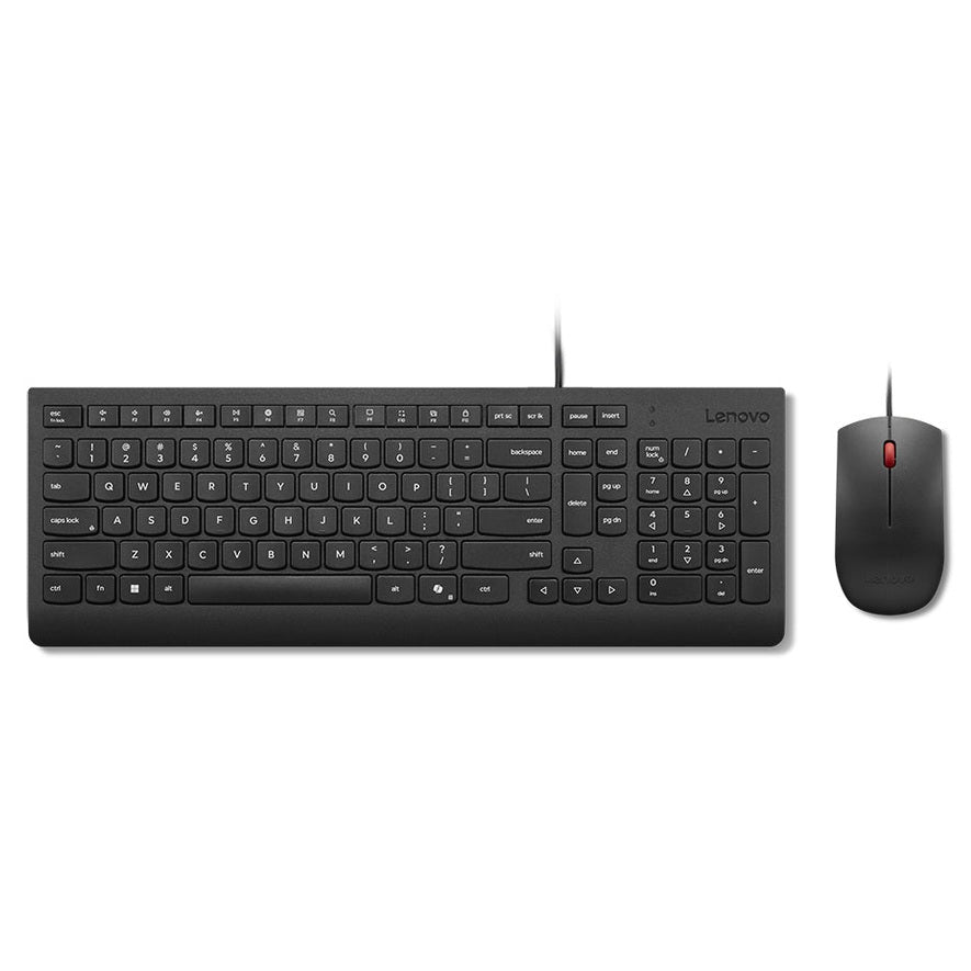 Conjunto de teclado e mouse Lenovo Essential com fio, em português, para uso cotidiano e trabalho.