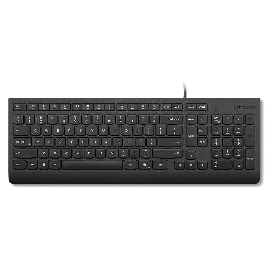 Teclado Lenovo Essential PT A1 com fio, compacto, confiável, ideal para uso em escritórios e configurações domésticas.