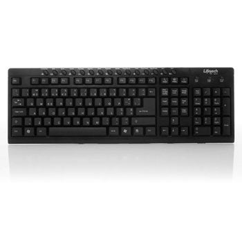 Teclado multimídia USB-A preto da Lifetech, com botões de função, design compacto e confortável para uso diário.