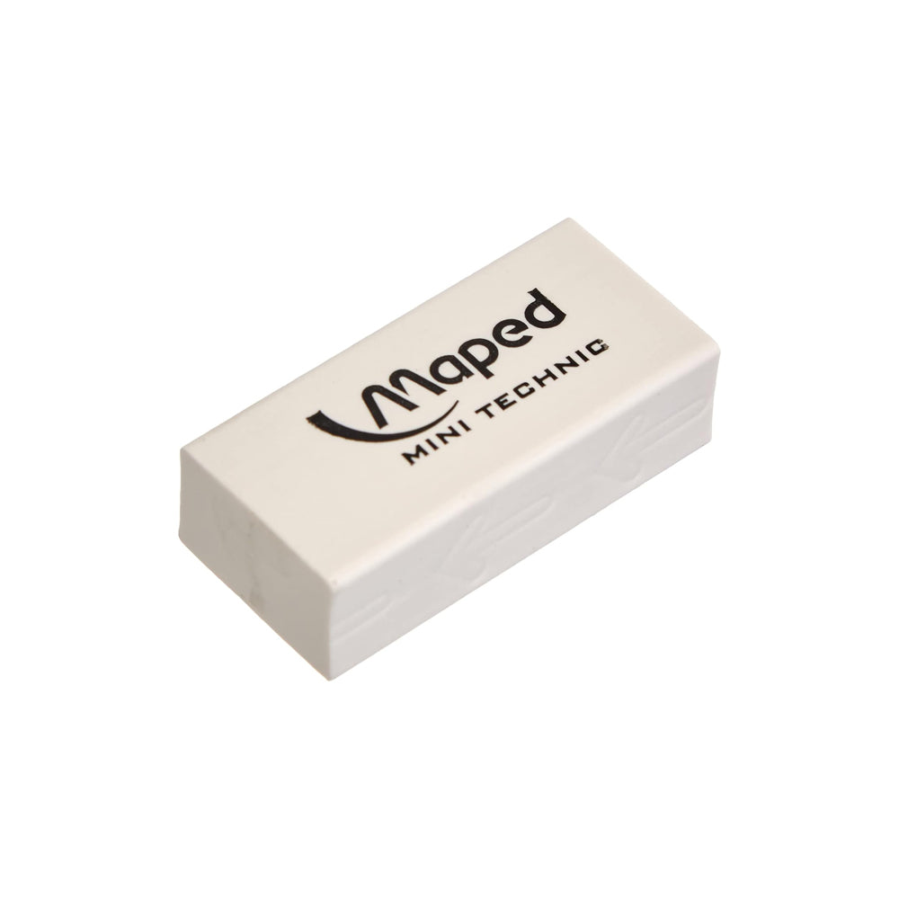 Borracha branca Maped Mini Technic 300, tamanho 39x18,2x12,6mm, feita para apagar com precisão em papel.