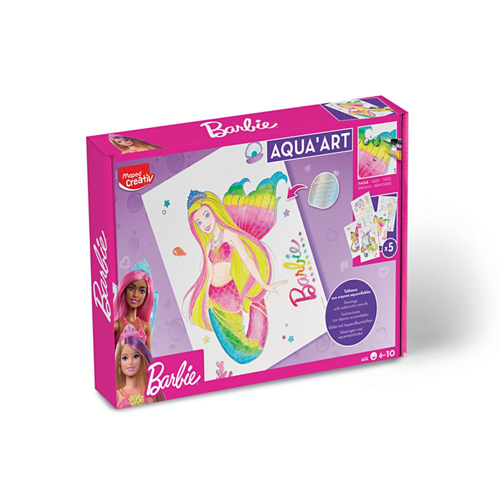 Caixa de pintura Aqua Art Barbie da Maped com materiais de colorir para crianças, incluindo lápis, pincéis e tintas.