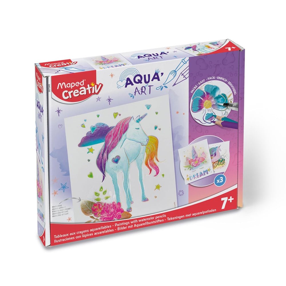 Caixa de pintura Aqua Art Maped com tema de unicórnios, ideal para crianças, incluindo tintas e acessórios de colorir.