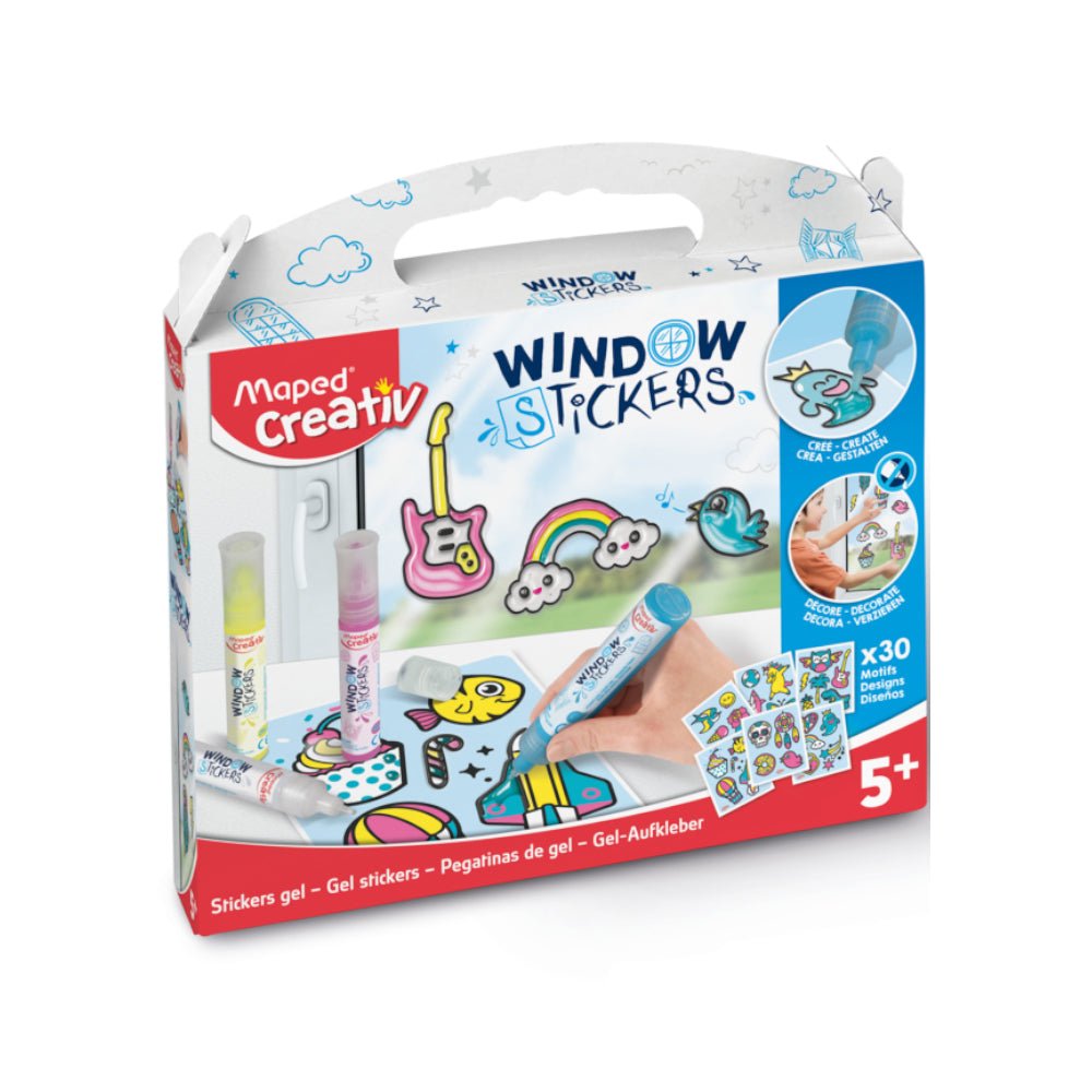 Kit de decoração para janelas e vidros da Maped, com folhas coloridas para aplicar facilmente e decorar superfícies transparentes.