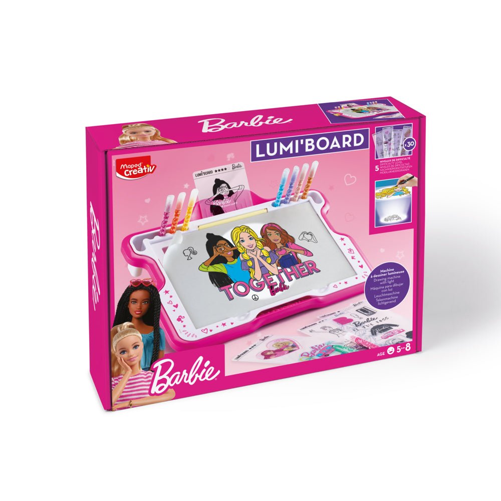 Quadro de atividades Lumi Board Barbie da Maped, colorir e aprender, para crianças, com ilustrações divertidas e educativas.