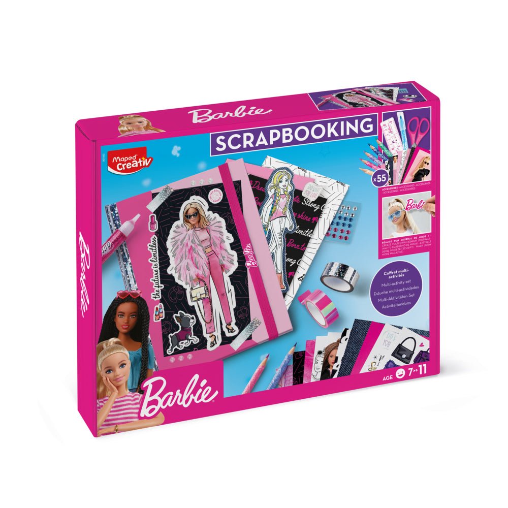 Álbum de recortes Barbie da Maped com espaço para fotos e memórias, ideal para coleções e projetos criativos de scrapbooking.