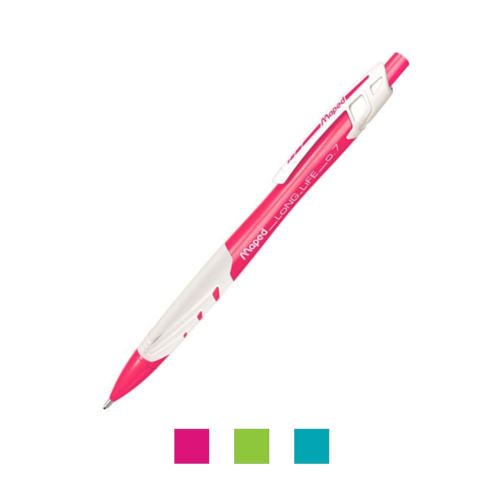 Lapiseira Maped Long Life 0,7mm com corpo preto, apontador integrado e escrita precisa para desenhos e escrita diária.