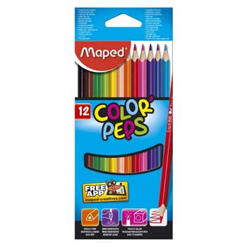 Lápis de Cor Maped Peps Long, 12 unidades, 20cm, para desenho e artes, exibidos juntos em uma mesa de trabalho.