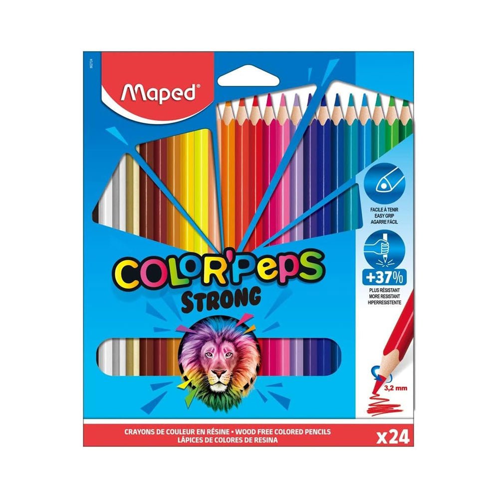 Lápis de cor Maped Peps Strong, 24 unidades, em caixa com cartão, com pontas afiadas e cores vibrantes.