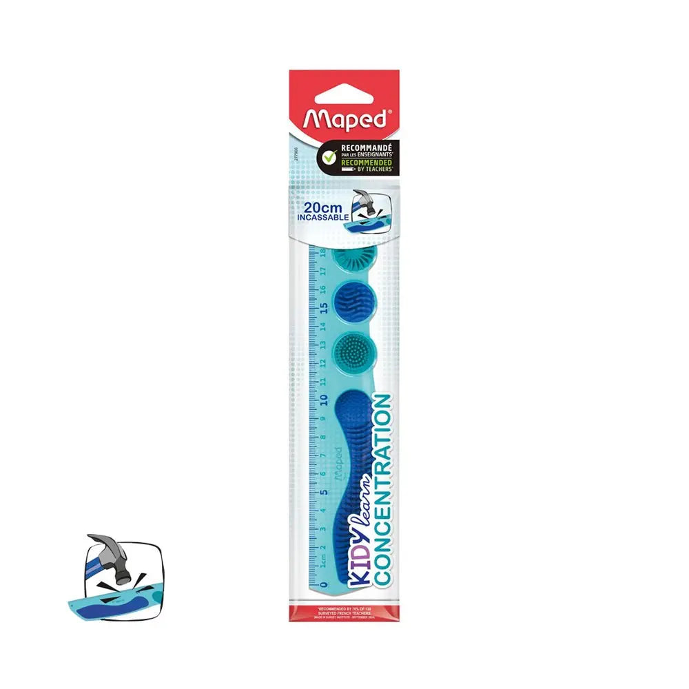 Régua de plástico de 20cm da Maped Kidy Learn, ideal para aprendizado e concentração, com marca e medidas visíveis.