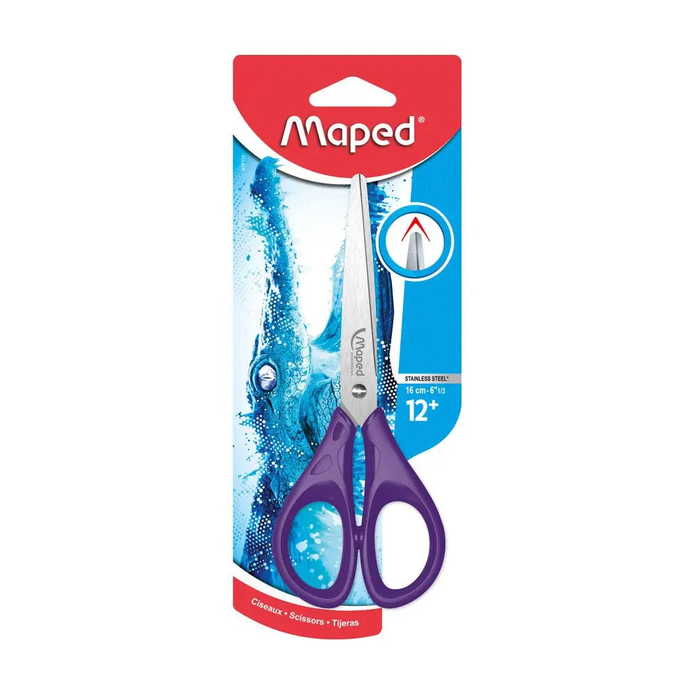 Tesoura Maped de 16cm na cor roxa, ideal para uso escolar e artesanato, com lâminas afiadas e design ergonômico.