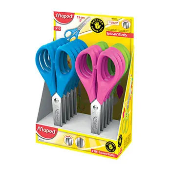 Tesoura Maped 13cm com pontas redondas, ideal para canhotos, em uso sobre mesa com papel colorido ao redor.