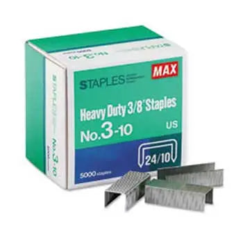 Agrafos Max nº3-10 para 24/10, caixa com 5000 unidades, compatíveis com até 70 folhas, utilizados para fixação de papéis.