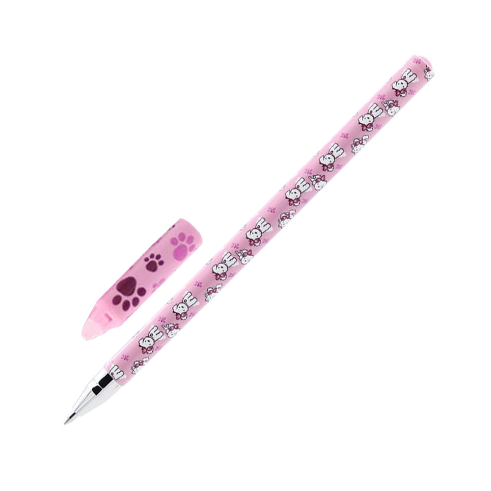 Caneta esferográfica gel azul MG com corpo sortido, ponta 0,7mm, escrita apagável, ideal para notas e desenhos.