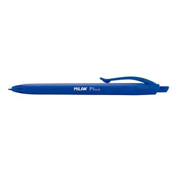 Caneta esferográfica Milan P1 Touch Azul de 1mm para escrita e telas touchscreen, com corpo azul e ponta fina.
