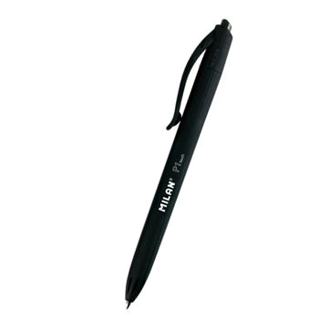 Esferográfica Milan P1 Touch preta, caneta de escrita precisa com ponta de 1mm, visual elegante e design compacto.